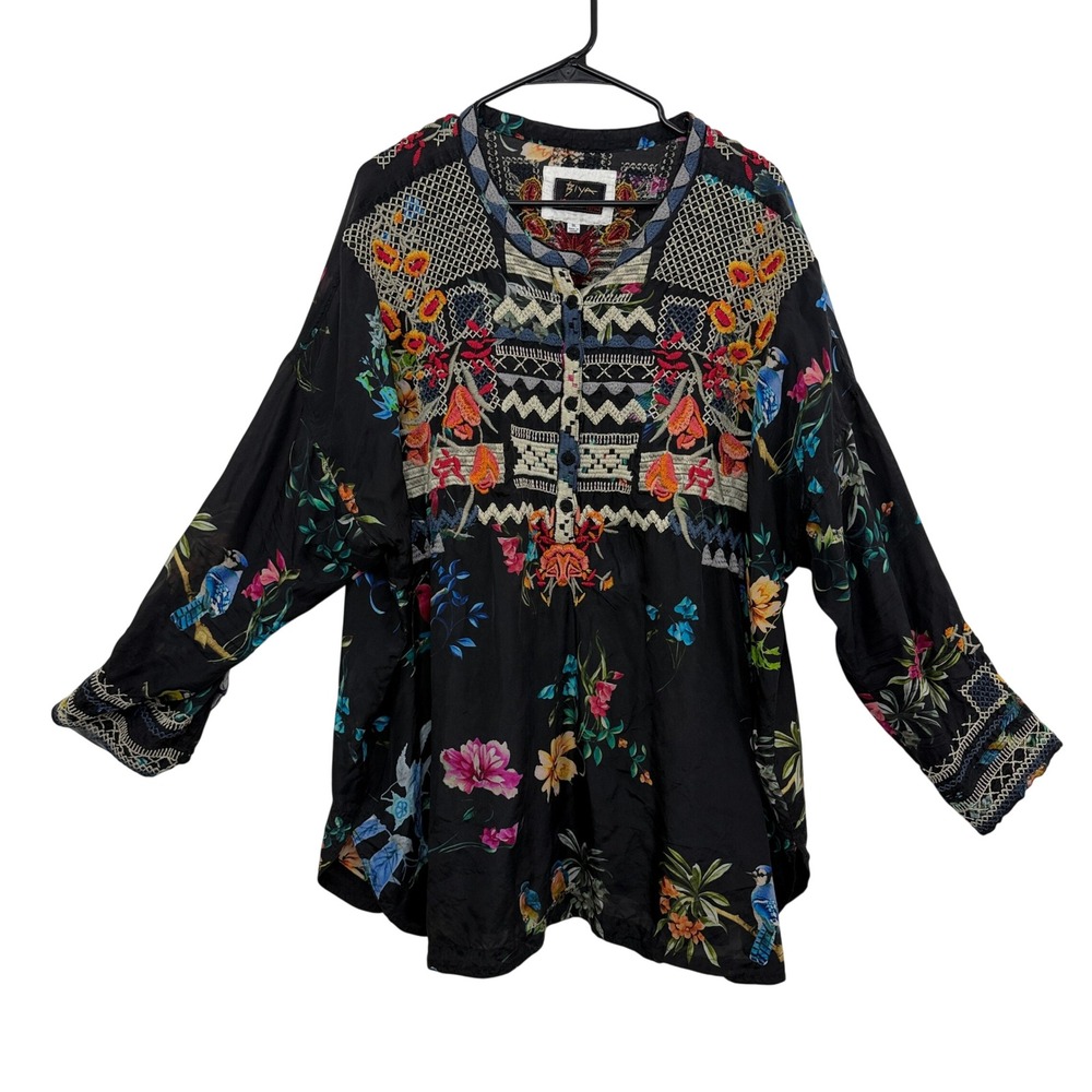 Johnny Was Veda Tunic Womens 3X Black Floral Bird Embroidered Biya Silk Top